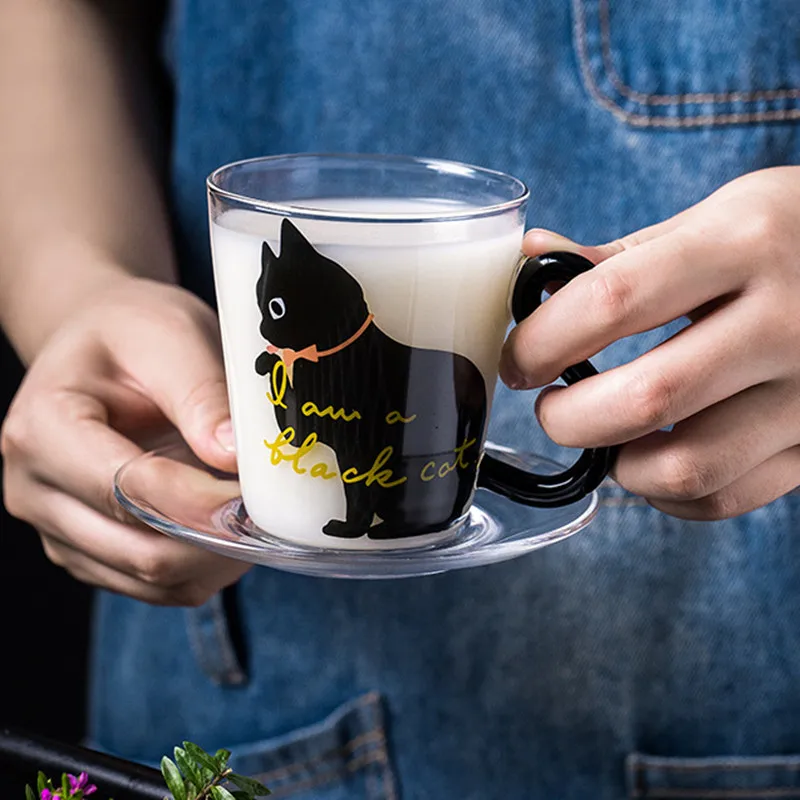 

250 ml Cute Black Cat Glass Coffee Mug Set Handgrip Animal Shaped Milk Water Juice Mugs Tea Cup Japanese Style Kawaii Gift Home
