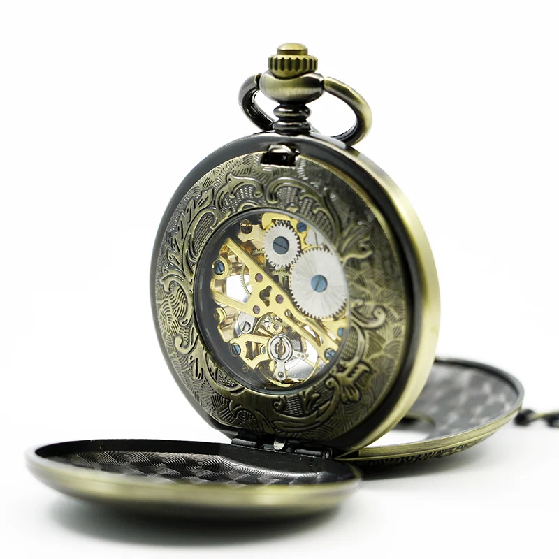 Exquisite Carved Pattern Double Opening Mechanical Pocket Watch Retro Steampunk Manual Winding Men's Clock Gift with Chain