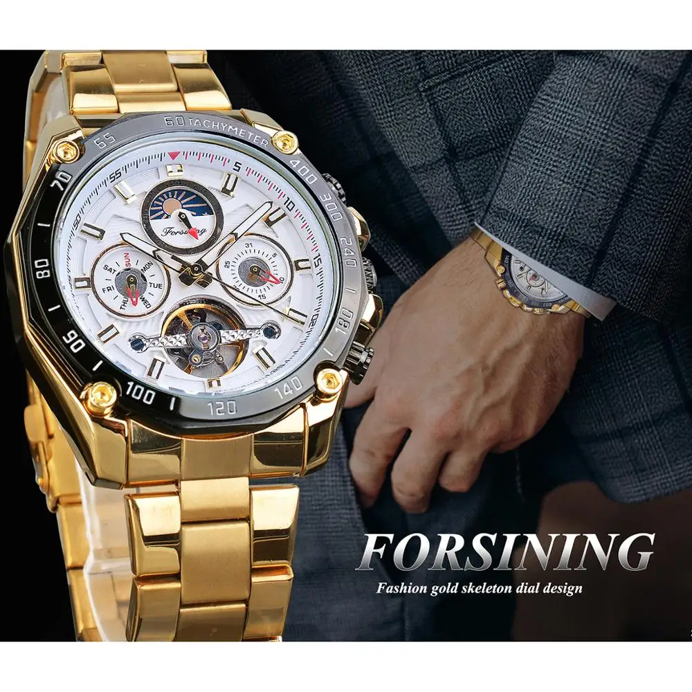 Forsining Классические Золотые Tourbillon механические часы Мужские автоматические Moonphase календари ремни из нержавеющей стали часы Reloj Hombre