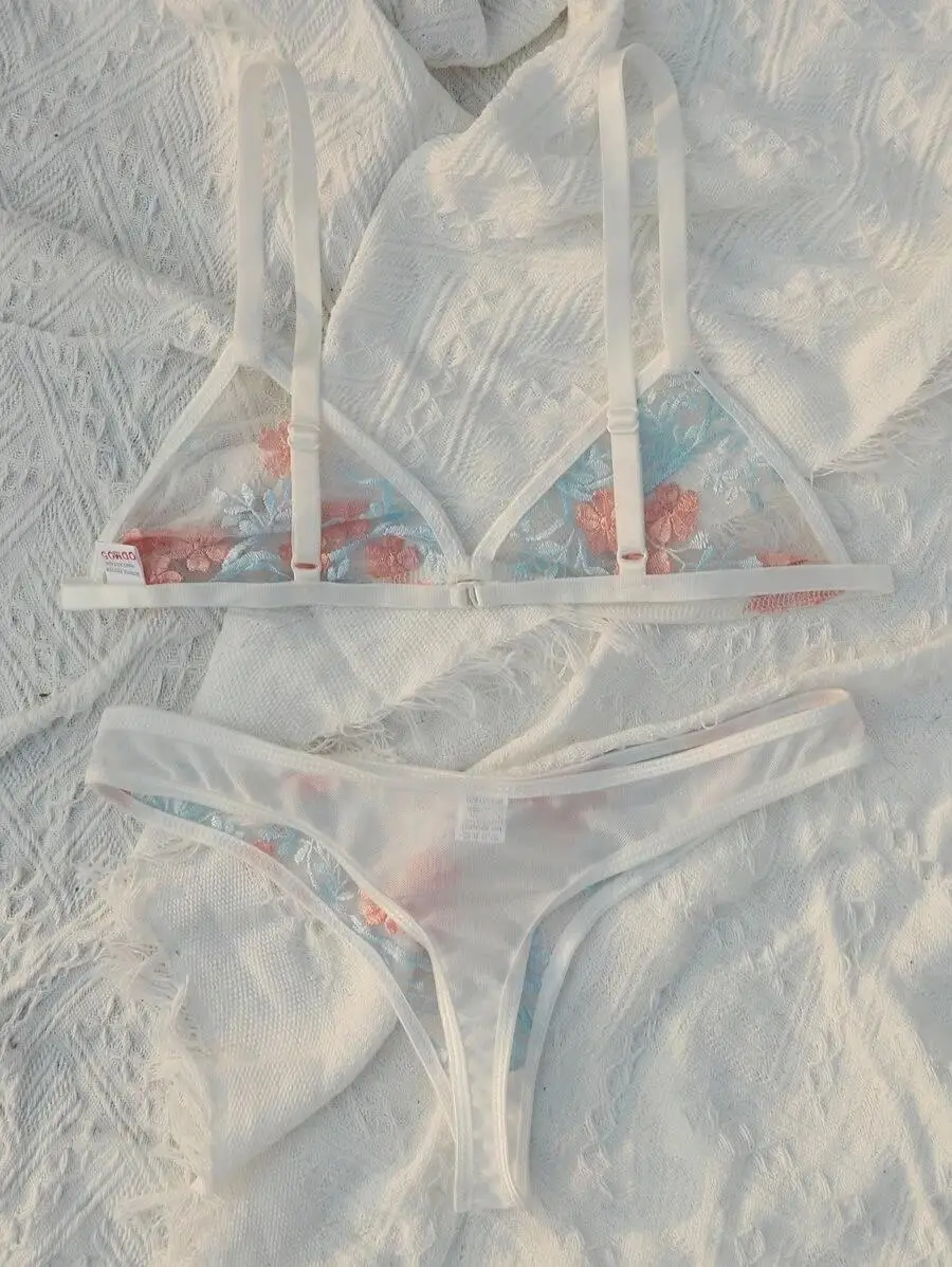 

Floral Embroidered Mesh Lingerie Set