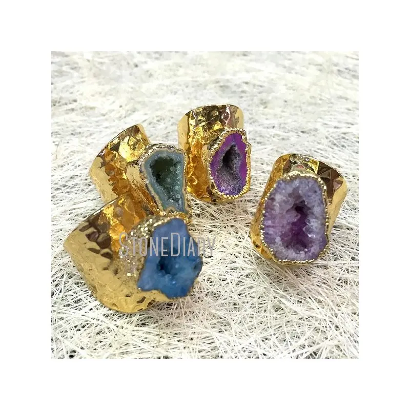 RM337 5 шт. позолоченное кольцо свободной формы случайный цвет Агаты Жеода другая