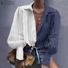 ZANZEA Женские топы и блузки размера плюс 2020, винтажные женские Лоскутные Полосатые туника с принтом, женские повседневные блузки с рукавами-фонариками 5XL