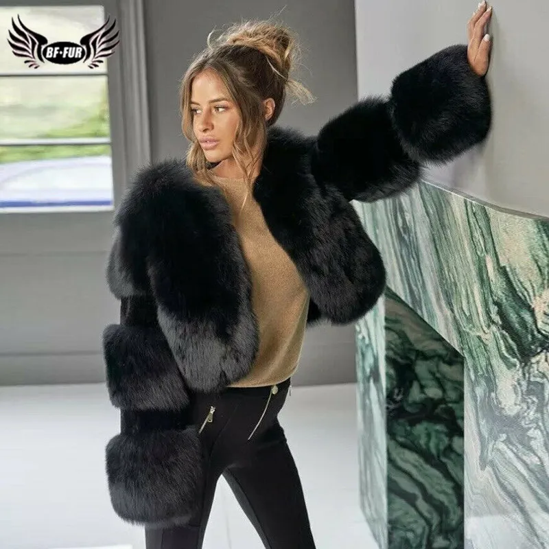 Fashion Black Genuine Leather Fox Fur Jacket Short Women Winter Outwear Thick Warm Natural Real Fox Fur Coats Trendy Overcoat