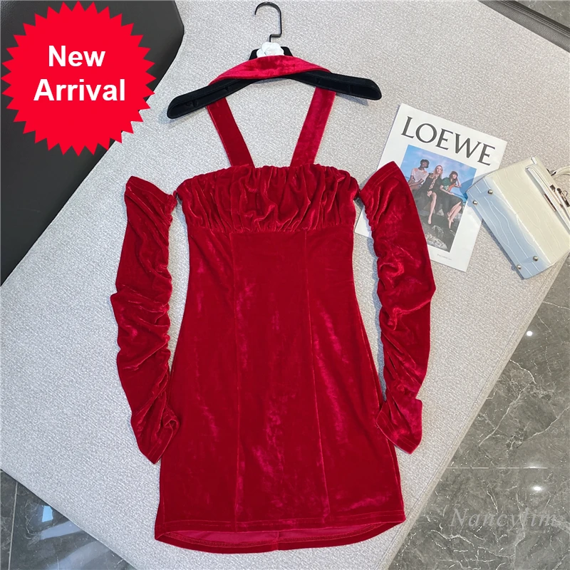 

Sexy Red Dress for Women 2021 Winter New Halter Strapless Fold Velvet Dresses Lady Bodycon Slim Fit Stretch Vestidos Party Wear
