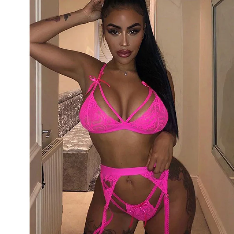 Интимный сексуальный кружевной комплект из бюстгальтера и трусиков с поясом