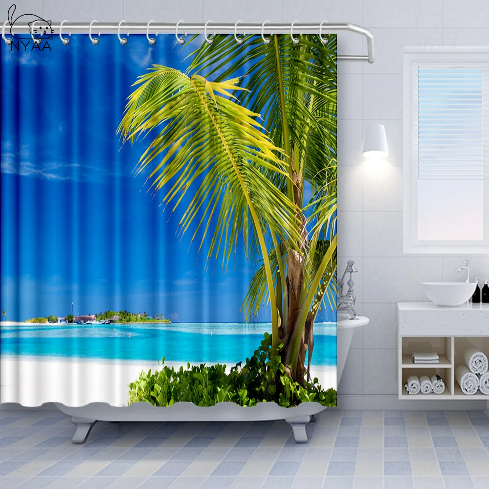 Vixm Ландшафтная занавеска для душа Тропический ботанический образ с кокосовыми