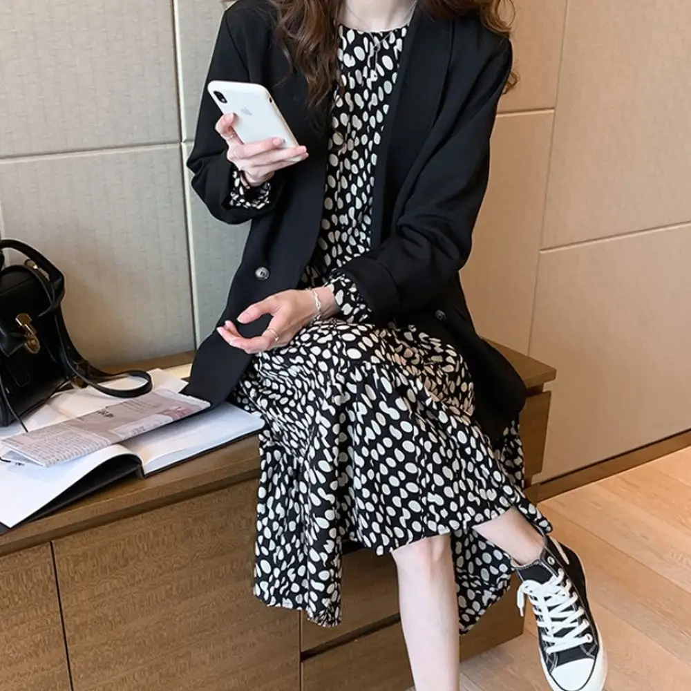 

Korean Style Long Dress Ladie's French Style Vintage Bohemian Dot Print Round-Neck Chiffon Long Dresses женское платье