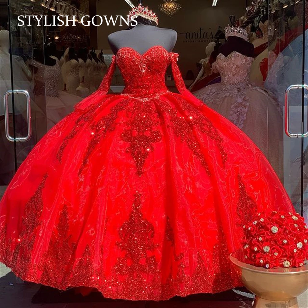 Vestido de quinceañera con cuentas y lentejuelas, rojo de México, desmontable con manga, dulce vestido de cumpleaños de princesa 16, 15