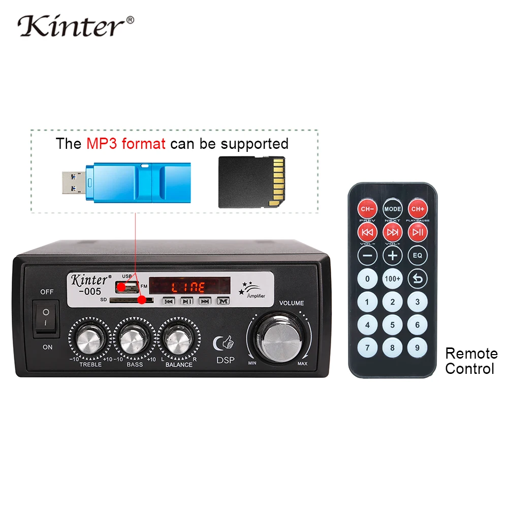 Kinter-005 2.0CH Усилитель Аудио 20 Вт hifi стерео звук с USB SD AUX вход высокие басы управления