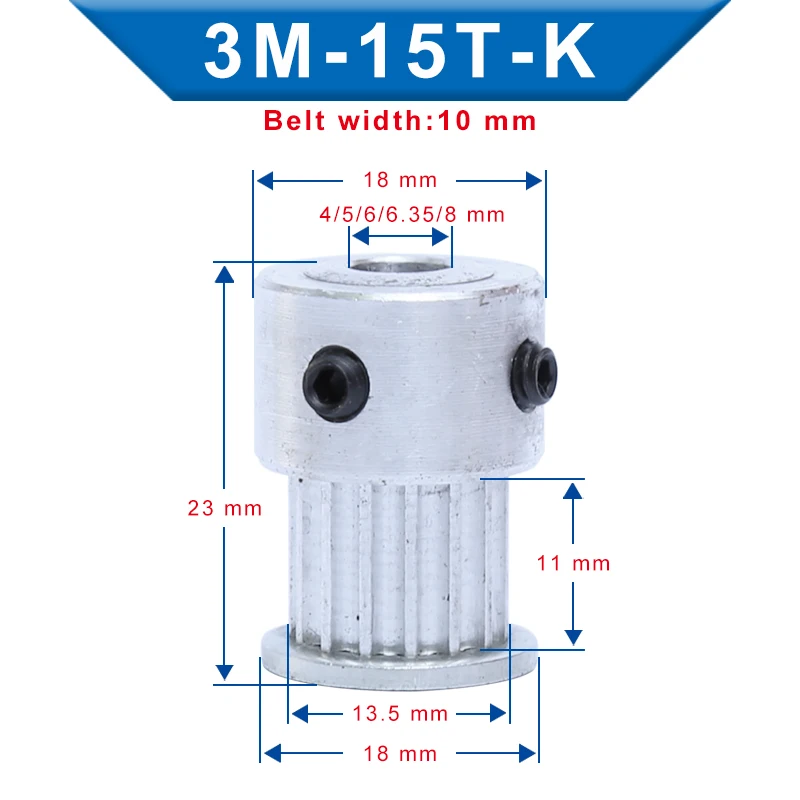 

1 piece Timing Pulley 3M-15T Bore 4/5/6/6.35/8 mm Aluminum Material Belt Pulley Slot Width 11 mm For Width 10 mm 3M-Timing Belt