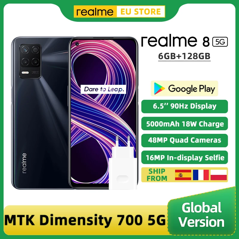 Перейти на Алиэкспресс и купить Глобальная версия realme 8 5G смартфон 6 ГБ 128 48MP AI Quad Камера 16MP в-дисплей селфи Dimensity 700 5G процессор 6,5дюйм