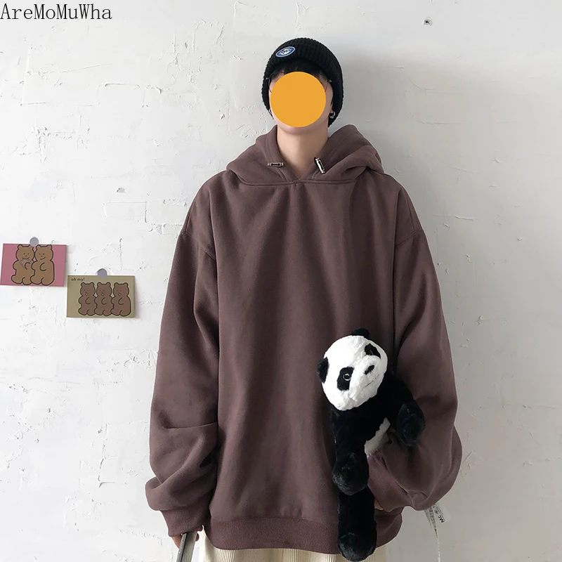 

AreMoMuWha Harajuku Double Cap Plus Velvet Thick Hoodie Male Loose Tide Fat Jacket Head Winter Handsome Street Men HoodieQX1401