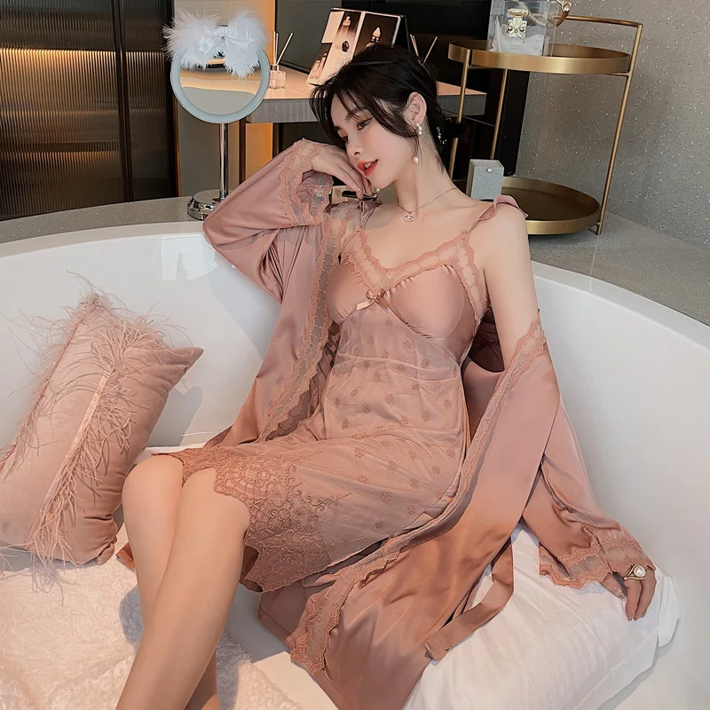 Ice Silk Nightdress Women's Summer Thin 2Pcs Suit Nightgown with Chest Cushion Sling Gowns Robe Home Wear Sexy Sleepwear