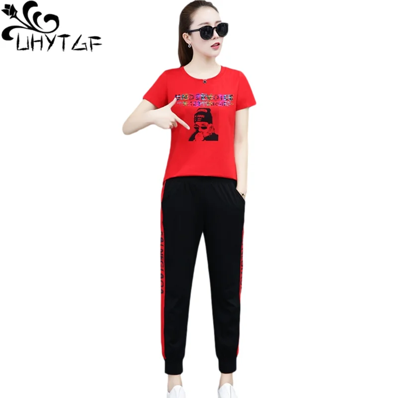 

UHYTGF 2021 Summer Two Piece Set Women Fashion Student Casual Ladies Tracksuit Comfortable Plus Size Suit Female Sportswear 2027