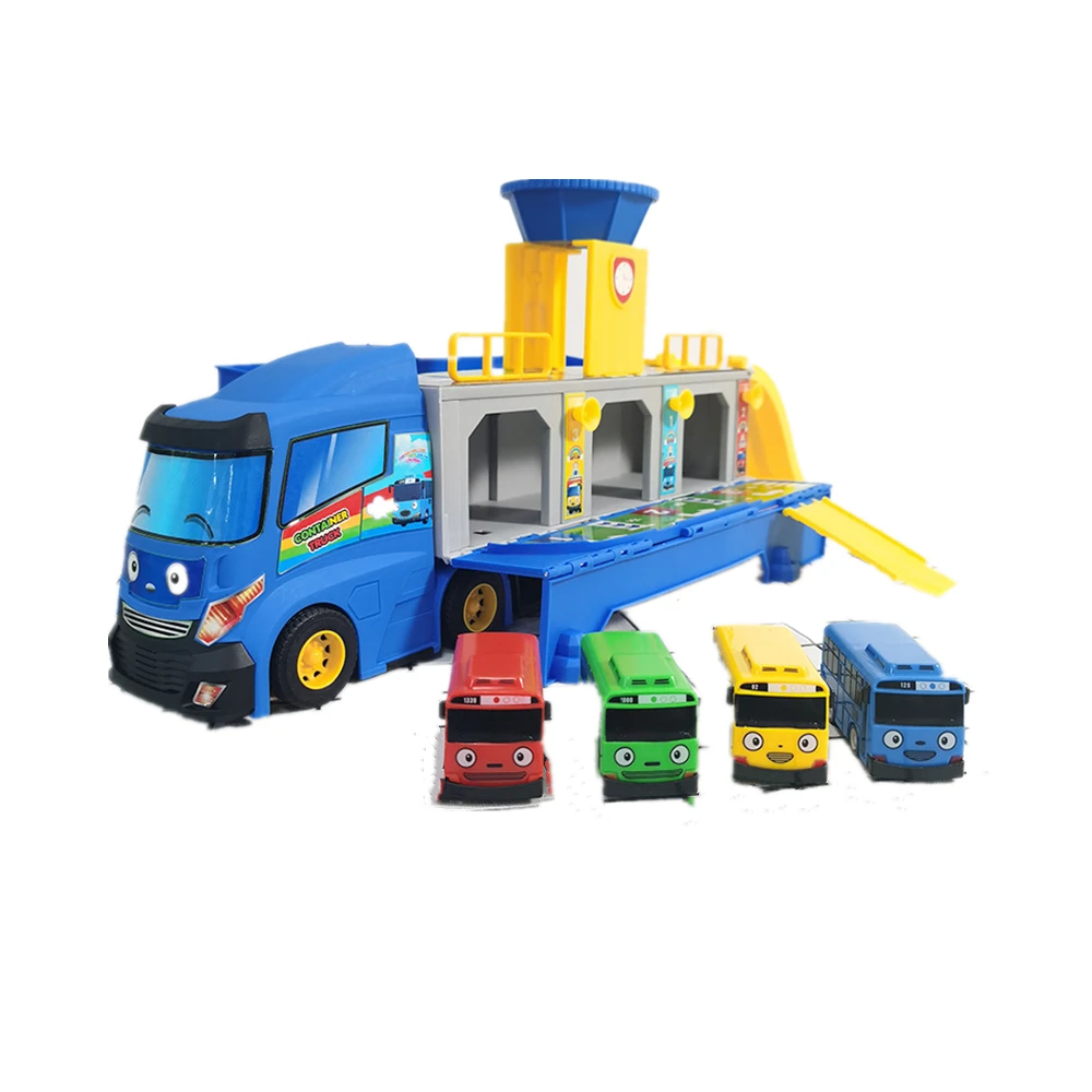 

Large Cartoon tayos the little bus big container truck storage box parking lot with 3 pull back mini car toy kids birthday gift