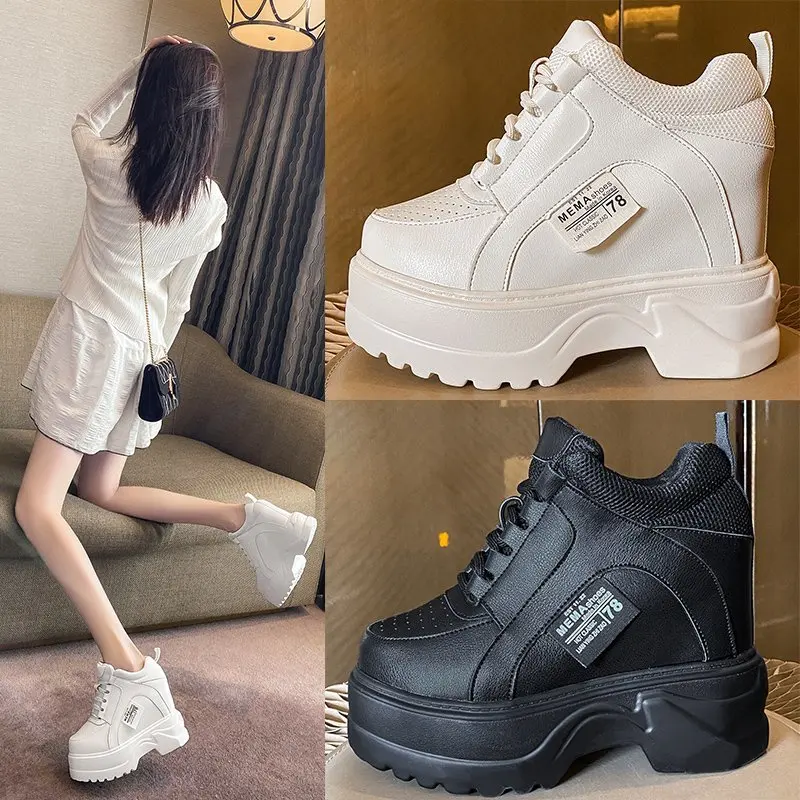 

Winter Women Ankle Boots 10CM Heels High Top Wedge Boots Autumn Platform Leather Sneakers Short Boots For Woman Botas Feminina