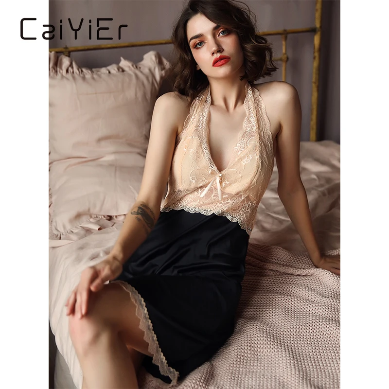 

Сексуальная кружевная ночная рубашка CAIYIER с глубоким V-образным вырезом и открытой спиной, сетчатая ночная рубашка, женское нижнее белье с в...