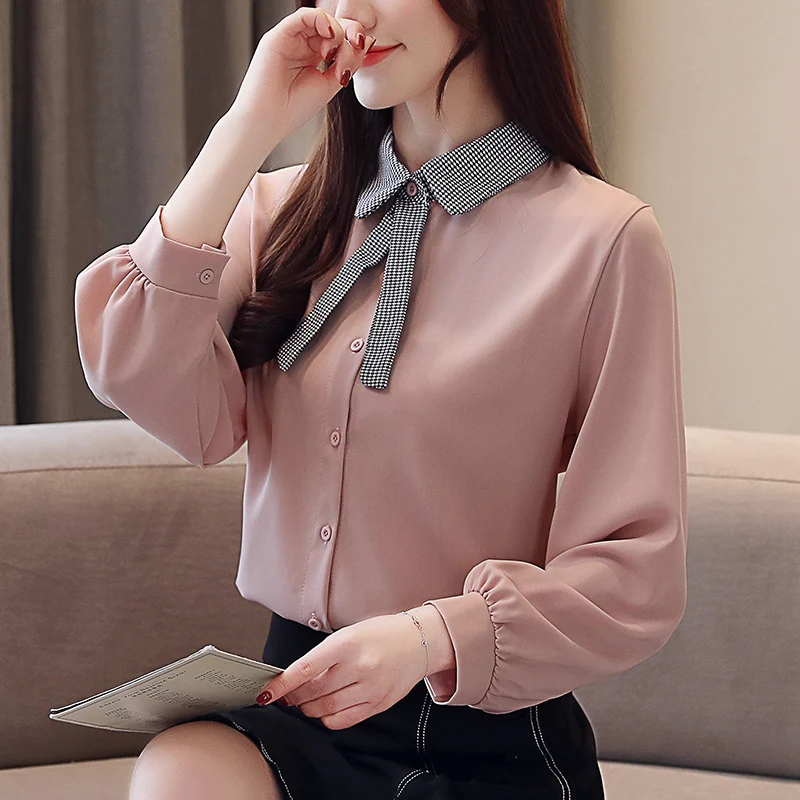 Женская шифоновая рубашка с длинным рукавом бантом | одежда