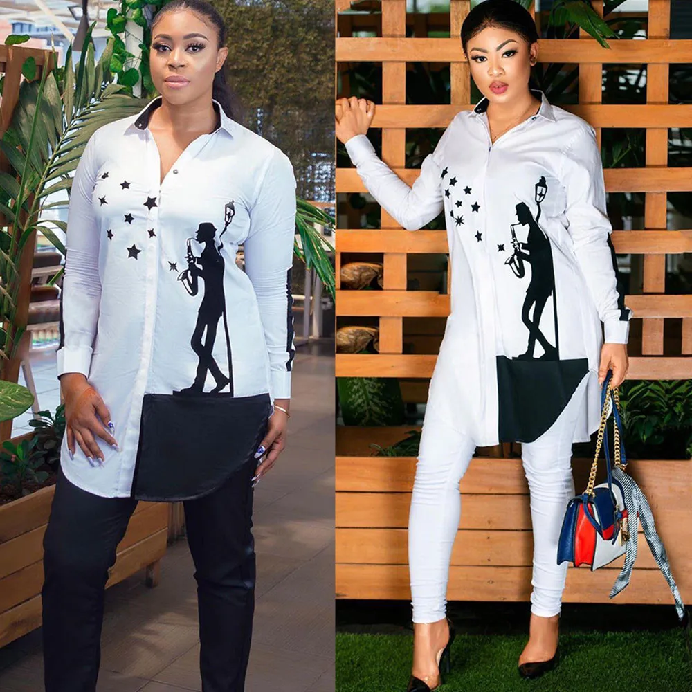 

Fall Autumn Long Sleeve Shirt Dress Women 2019 Turn Down Collar Button Asymmetrical Character Print Loose Day Casual Mini Dress