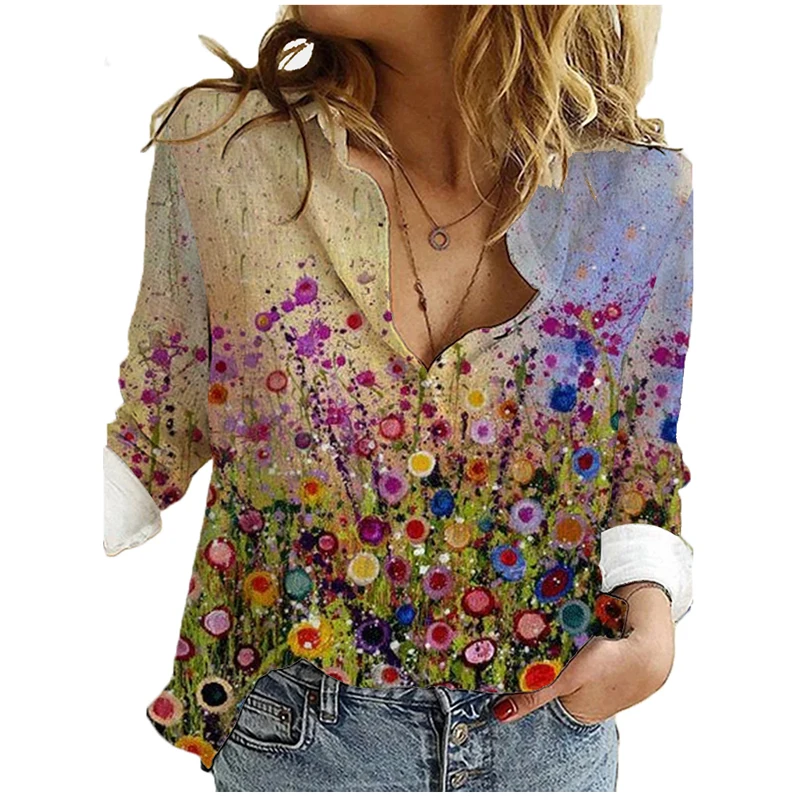 

Fashion Women'S Flowers Printing Blouse Shirt 2021 Spring Casual Long Sleeve Ladies Turn Down Collar Buttons Tops Loose Blouses