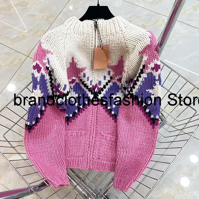 

Fashion Colorful Contrast Virgin Wool Heavy Yarn Crocheted Cardigan Women High Quality Star Pattern Sweater Coat 2021 Autumn