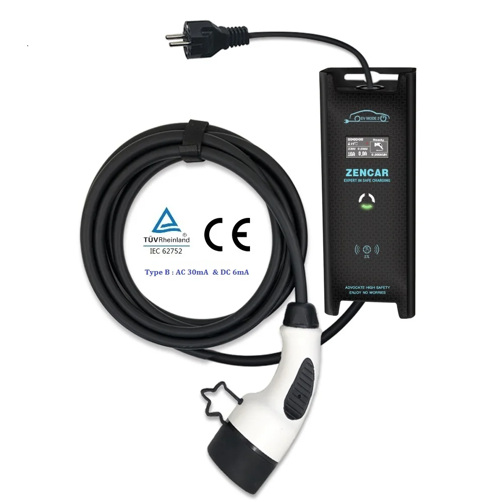 

TUV IEC 62752 Type B Zencar 16A 3.5KW EV portable charger with Type 2 shuko