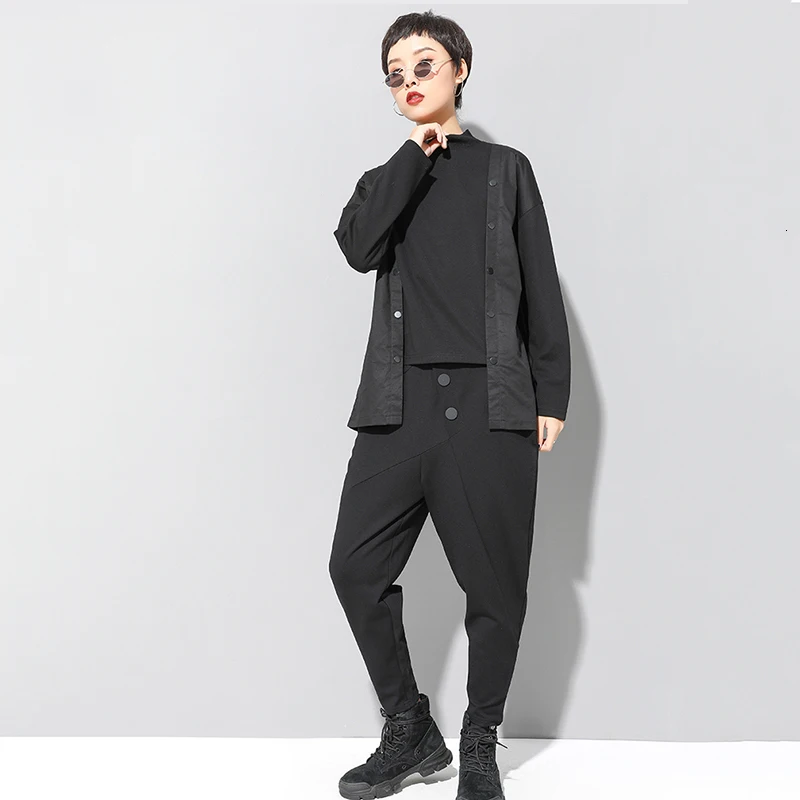 

[EAM] Loose Fit Balck Split Asymmetrical Sweatshirt New High Collar Long Sleeve Women Big Size Fashion Spring Autumn 2021 1H879