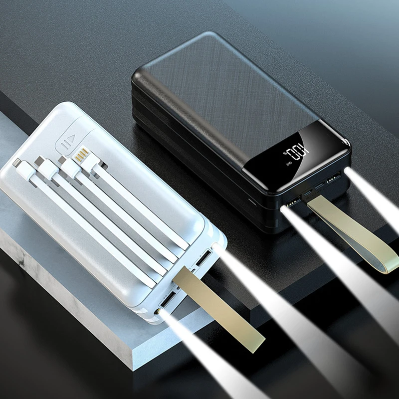 

50000mAh Power Bank for iPhone 12 Xiaomi Huawei Samsung Powerbank with 4 Cables Portable Charger External Battery Pack Poverbank