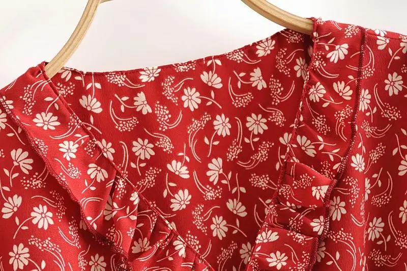 Bazaleas Vintage Red Floral Print blusas mujer de moda 2020 Ruffles V Neck Wrap women Blouse Holiday Shirt | Женская одежда