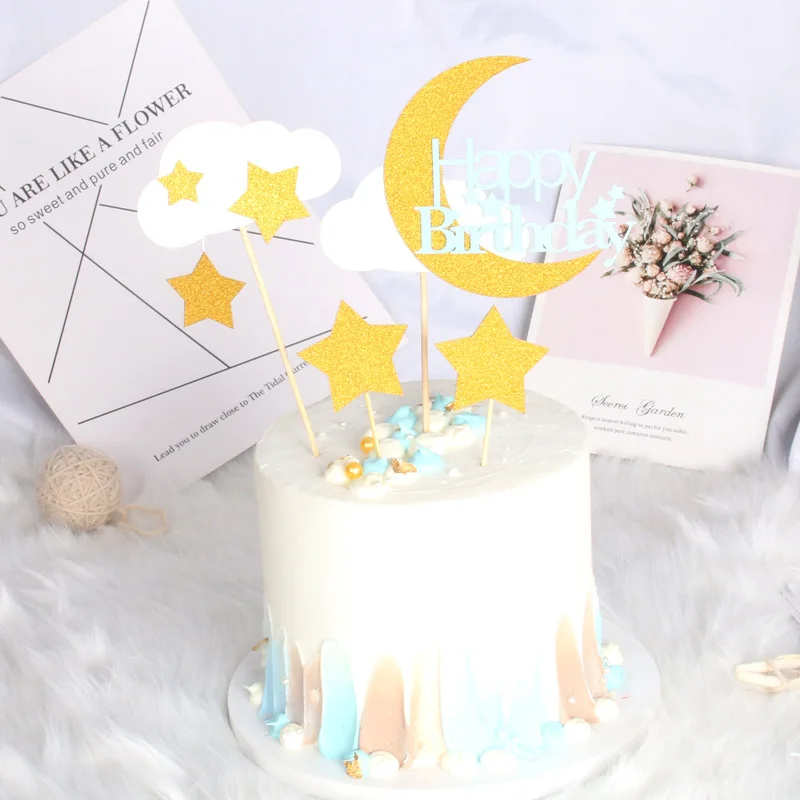 

1Set Glitter Paper Dreaming Little Stars Moon Cloud Cake Topper Kids Happy Birthday DIY Cake Decoration Supplies Baby Shower