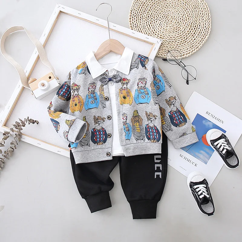 

New Toddler Boy Girl Fashion Casual Clothes Set Baby Spring Autumn Cartoon Coat+Tie White T-shirt+sport Pants Kids Clothes Suits