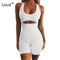 liooil sexy hollow out playsuits black white red tight jumpsuit sleeveless high waist bodycon rompers womens jumpsuits shorts