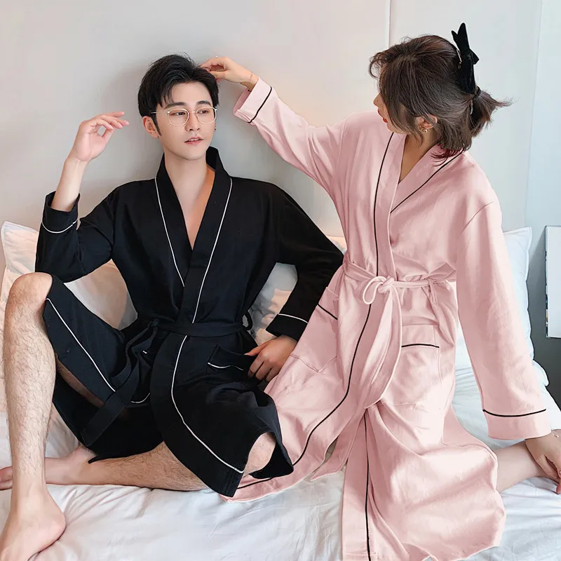 Men Long Sleeve Sleep Bath Robes Homewear V Neck Pockets Cozy Bathrobe Lovers Couples Pure Cotton Leisure Mens Nightgown Dress
