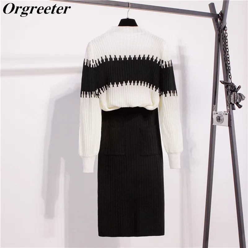 

Hot Sale Fall Winter Women Sets Fashion White and Balck Striped Patchwork Lantern Sleeve Sweater and Pocket Knitted Skirt Suits