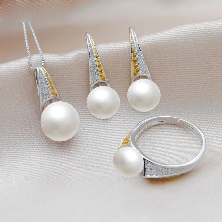 White pearls MeiBaPJ Настоящее серебро 925 проба Простой Модный Ювелирный Набор натуральный коврик жемчужный кулон кольцо серьги Свадебные украшения для женщин - Окраска металла: White pearls