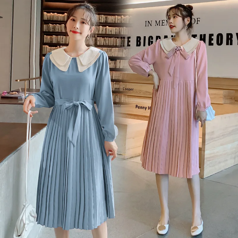 

Maternity Dress Spring Autumn Long Sleeve Pleated Pregnant Dress Sweet Peter Pan collar Clothes For Pregnant Women