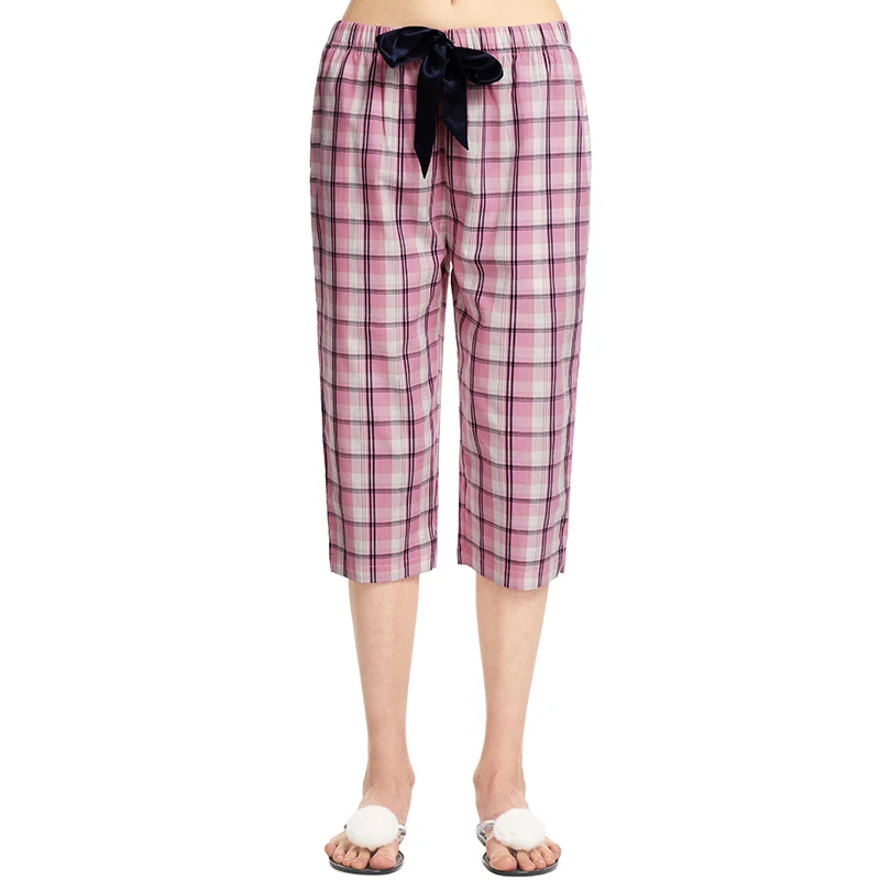 Pink plaid THREEGUN женские Пижамные шорты, укороченные штаны полной длины, кружевные Хлопковые женские штаны для сна, свободные штаны с эластичной резинкой на талии, домашние штаны, партия - Цвет: Pink plaid