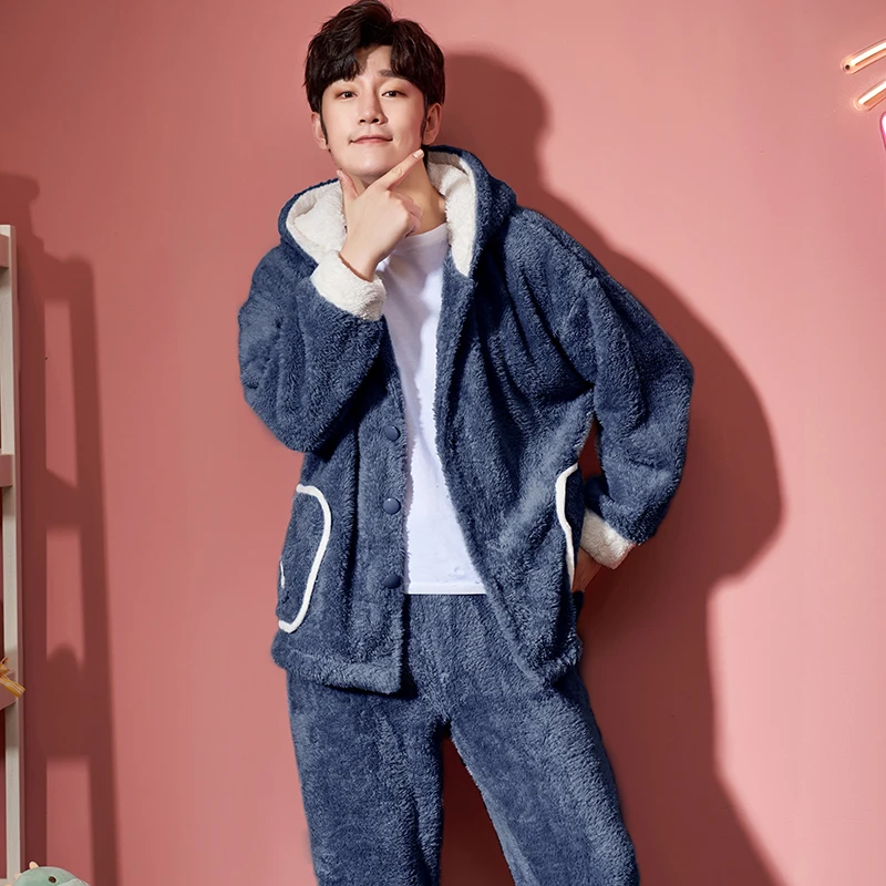 Flanner Men Pajama Winter Pajamas Loose Version Lady Sleepwear Hooded Lovers Pajamas Packed Medium Style Thicken Nightdress