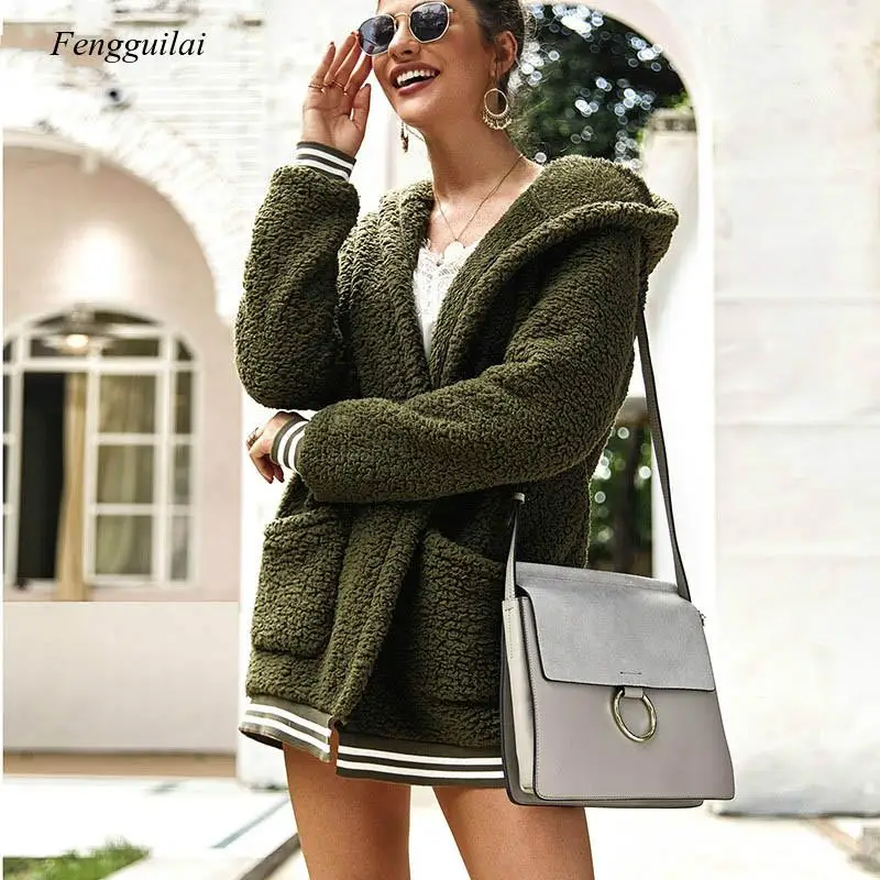 

Faux Fur Coat Women Hooded Winter Casual Teddy Coat Autumn Pockets Plus Size Fur Jacket Fleece Fluffy Overcoat Outwear