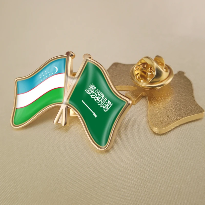 

Uzbekistan and Saudi Arabia Crossed Double Friendship Flags Lapel Pins Brooch Badges