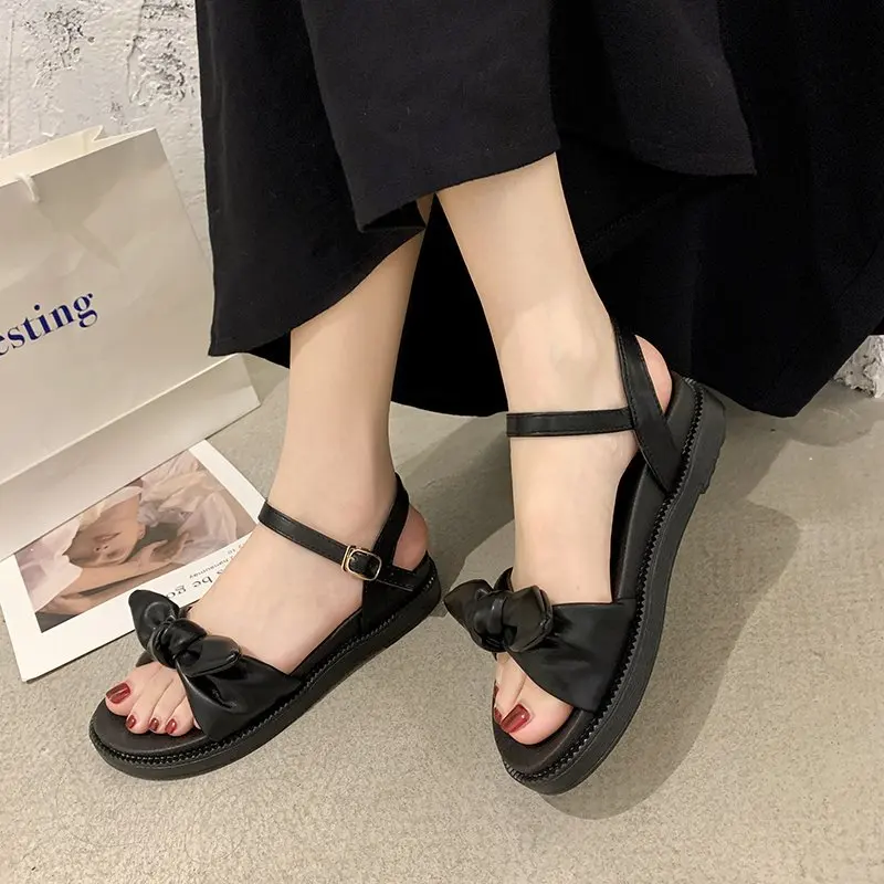 

2021 Sandals Low-Heeled Shoes With Strap Suit Female Beige All-Match New Low-heeled Gladiator Black Girls Comfort Bow Clogs Fash