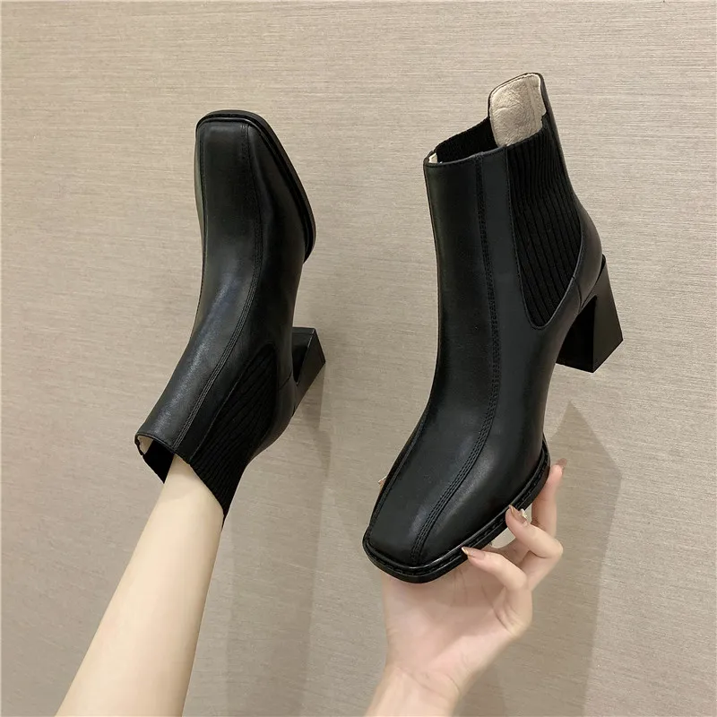 Leather Boots Women Shoes High Heel 7cm Fashion Shoes for Girls Women Ankle Boots Autumn Shoes Women New Arrival Chunky Heels