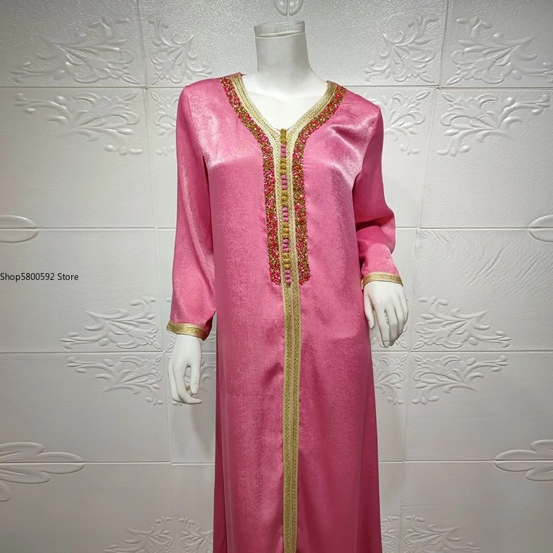 Ramadan Eid Moubarak Pink Abaya Dubai Turkey Islam Muslim Robe Longue Satin Long Hijab Dress Abayas For Women Djellaba Femme