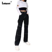 ladiguard womens high cut jeans stand pocket denim pants black staight leg trouser vintage loose jean pants vaqueros mujer 2021