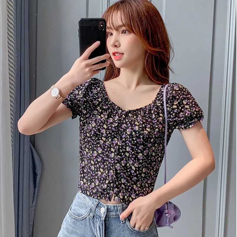 

Summer Women's Floral Print Square Collar Tshirt Sweet Girls Puff Sleeve Chiffon Short Tops