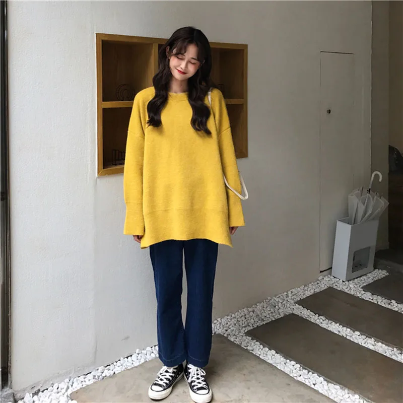 Женский теплый зимний свитер корейские свободные вязаные пуловеры милый