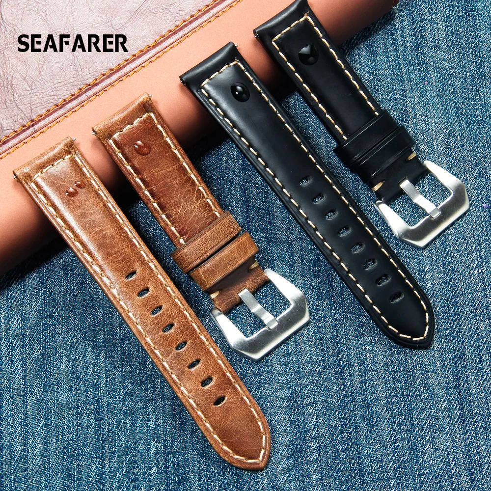

Leather Watchband Black Dark Brown Oil Wax Leather Watch Strap italian 20mm 22mm 24mm Quick Release Watch Belt Cowhide Handmade