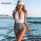 Цельный купальник Nacpabi в полоску 2021, купальник пуш-ап, женский леопардовый боди, сексуальный купальный костюм с глубоким V-образным вырезом, Женская пляжная одежда, белый