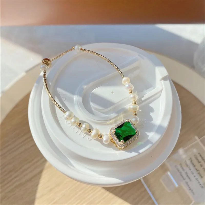 

Vintage 14K Gold Green Zircon Exquisite Bracelet Women Natural Pearl Beaded Lucky Bracelet Luxury Jewelry Gift for Girls