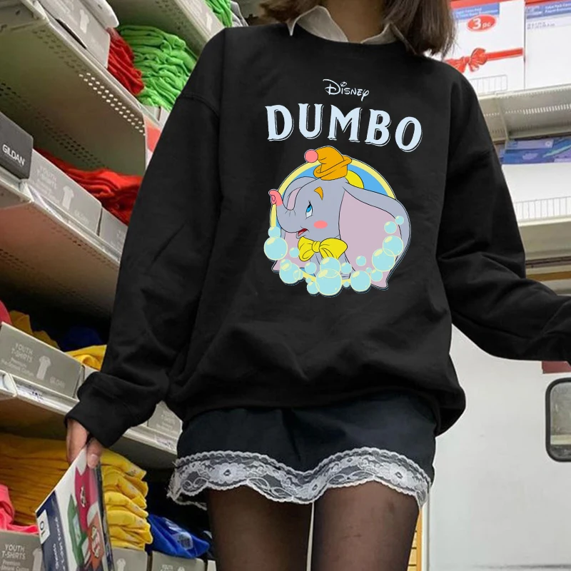 

Vintage Black Hoodie Disney Elephant Dumbo Women Harajuku Anime Korean Style Sweatshirt Winter Warm Kawaii Pullover Female Tops